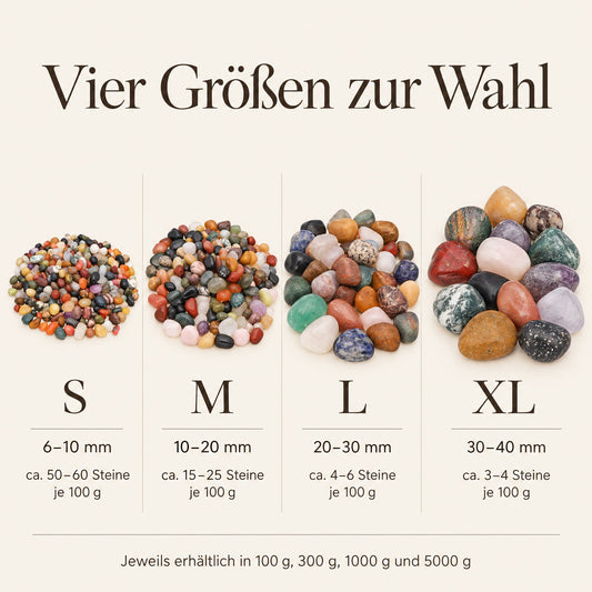 Trommelstein-Mix in vier Größen: S, M, L, XL