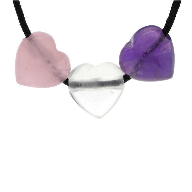 Heart pendant "Golden Triangle" Amethyst + Rock Crystal + Rose Quartz