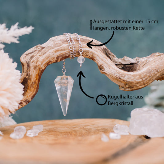 Rock crystal pendulum, faceted + holding ball