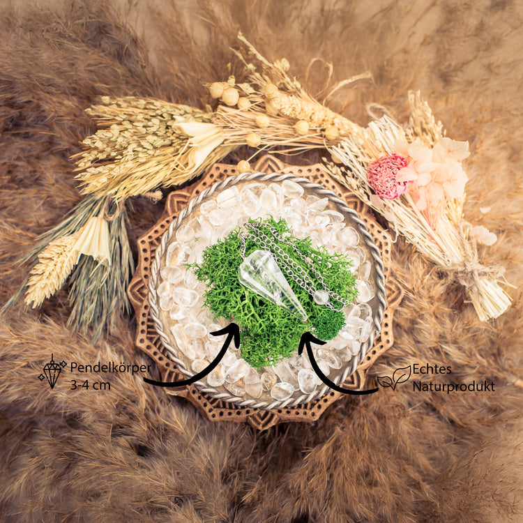 Rock crystal pendulum, faceted + holding ball