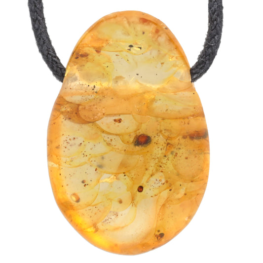 Amber drop pendant with leaf, moss or insect inclusion