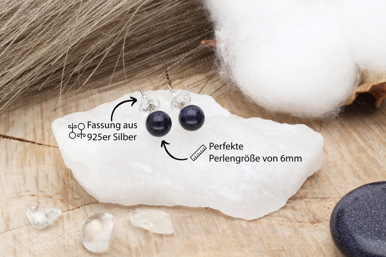 Blue goldstone stud earrings 6 mm | 925 silver