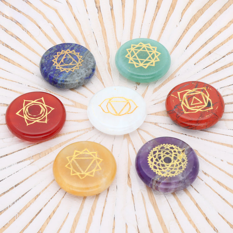 Chakra Stone Set with Symbols | 7 Disc Stones in a Cotton Bag