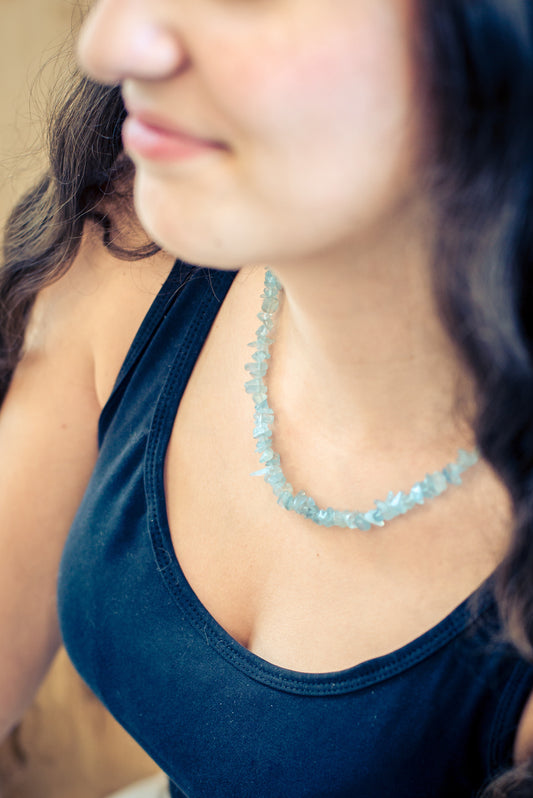 Aquamarine chip necklace | 45+5 cm extension chain | 925 silver