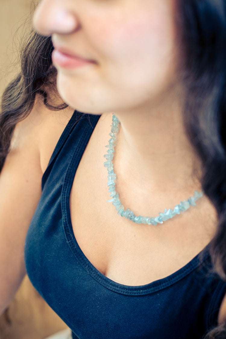 Aquamarine chip necklace | 45+5 cm extension chain | 925 silver