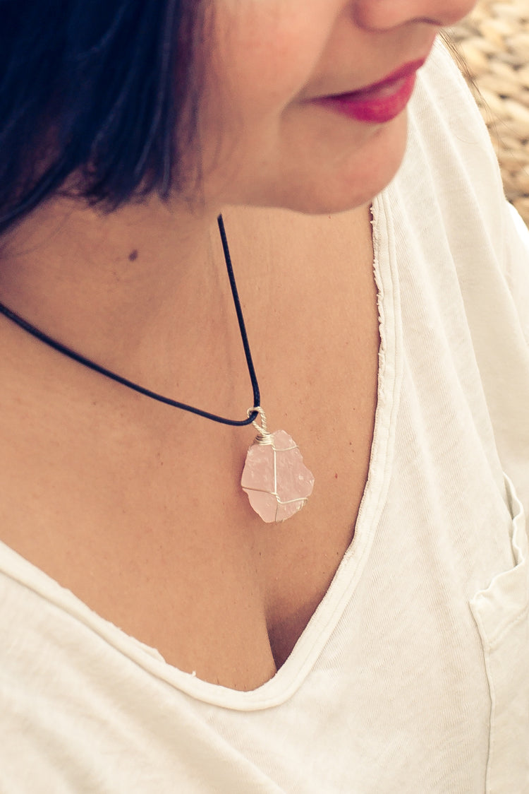 Rose quartz, set raw stone pendant
