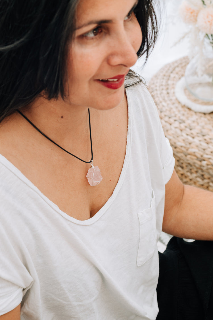 Rose quartz, set raw stone pendant