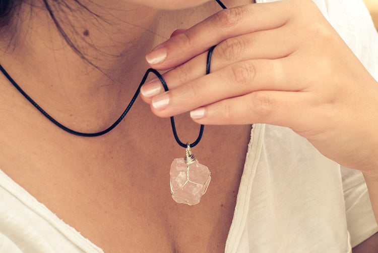 Rose quartz, set raw stone pendant