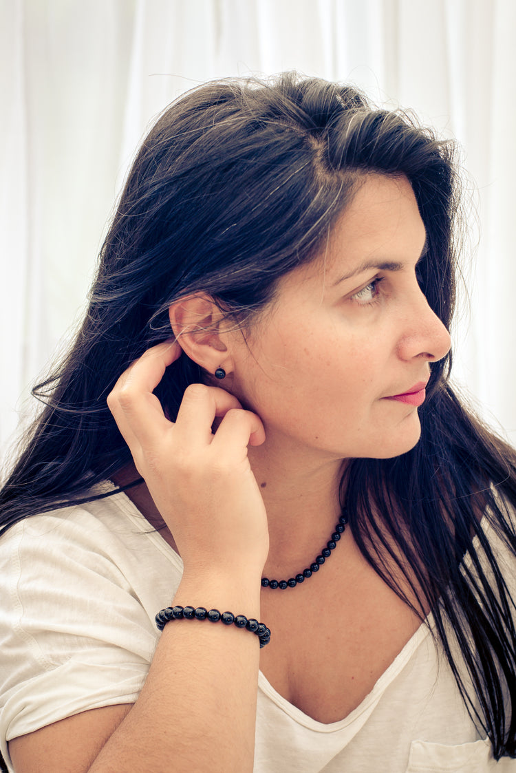 Black tourmaline (schorl) earrings, 6 mm, 925 silver