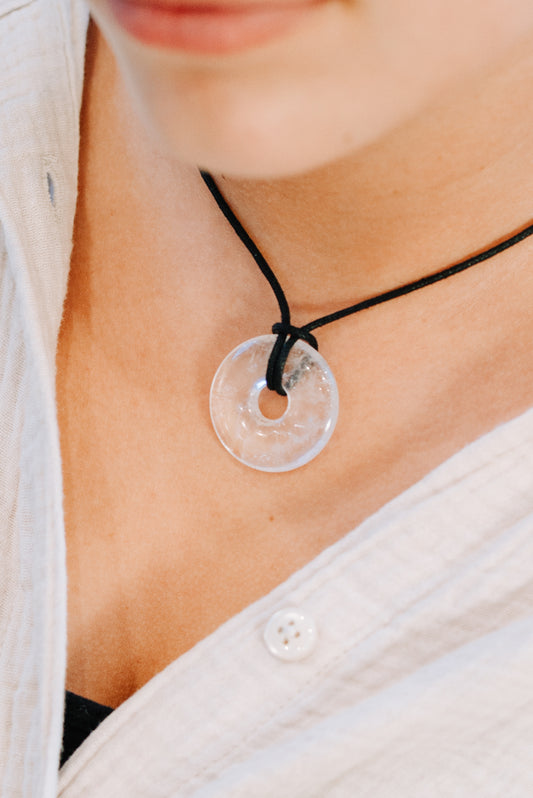 Rock crystal donut | 30 mm pendant + cotton cord
