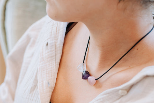 Heart pendant "Golden Triangle" Amethyst + Rock Crystal + Rose Quartz