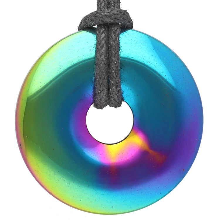 Regenbogen Hämatit Donut | 30 mm Anhänger + Baumwollband