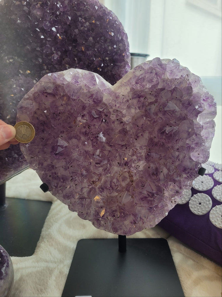 Amethyst druzy heart on metal stand