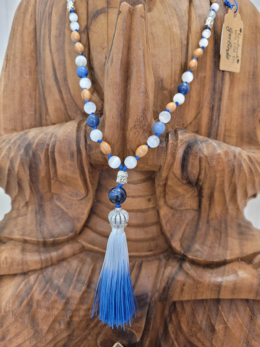 108-bead mala made of selenite, blue quartz, and olive wood – handmade prayer beads for mindfulness