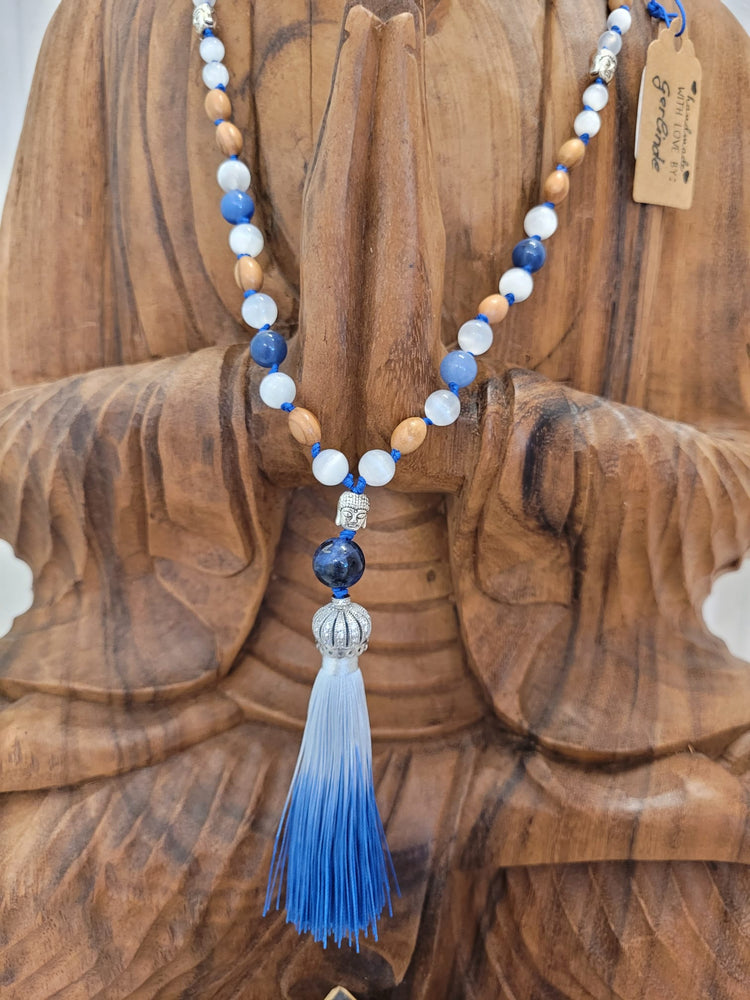108-bead mala made of selenite, blue quartz, and olive wood – handmade prayer beads for mindfulness