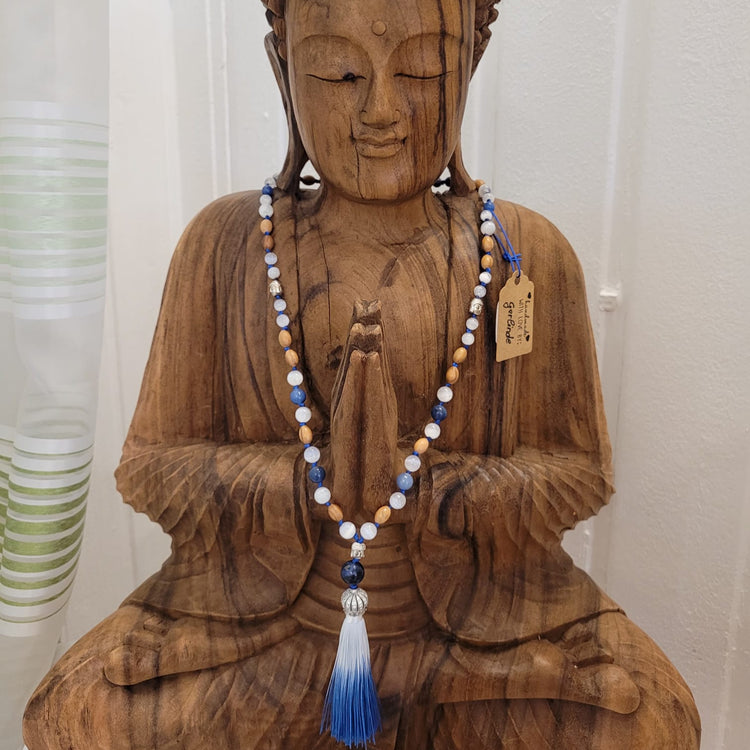 108-bead mala made of selenite, blue quartz, and olive wood – handmade prayer beads for mindfulness