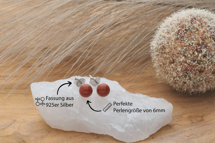 Red jasper earrings, 6 mm, 925 silver