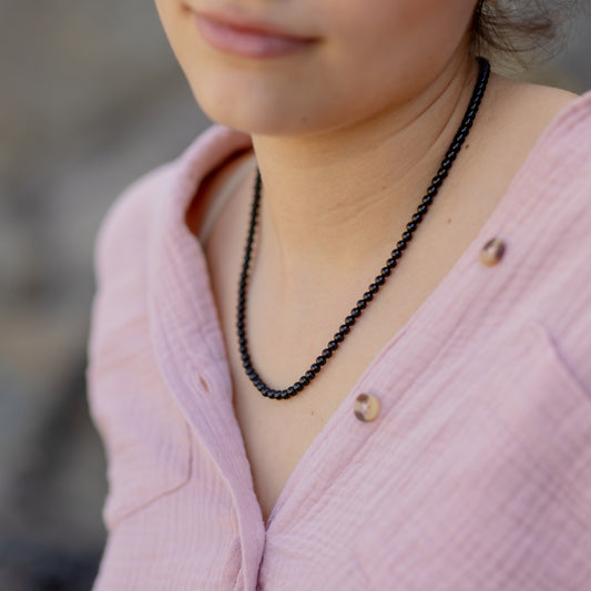 Black tourmaline (schorl) bead chain | Ø 4mm with 925 silver clasp | 45cm