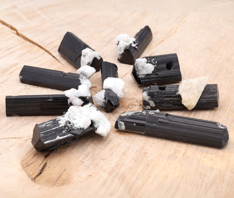 Tourmaline (Schörl) raw stone pendant with calcite or quartz crystal