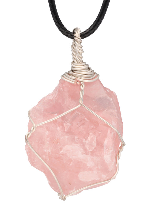 Rose quartz, set raw stone pendant