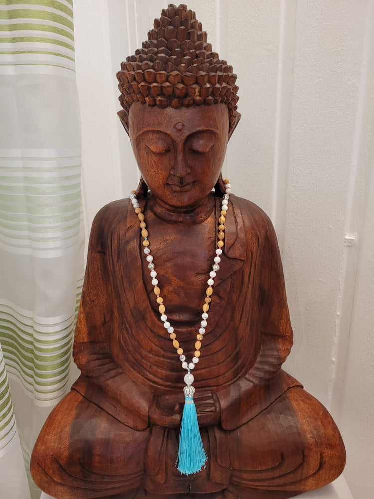 108-bead mala made of magnesite and olive wood – handmade prayer beads for inner peace, mindfulness, and grounding