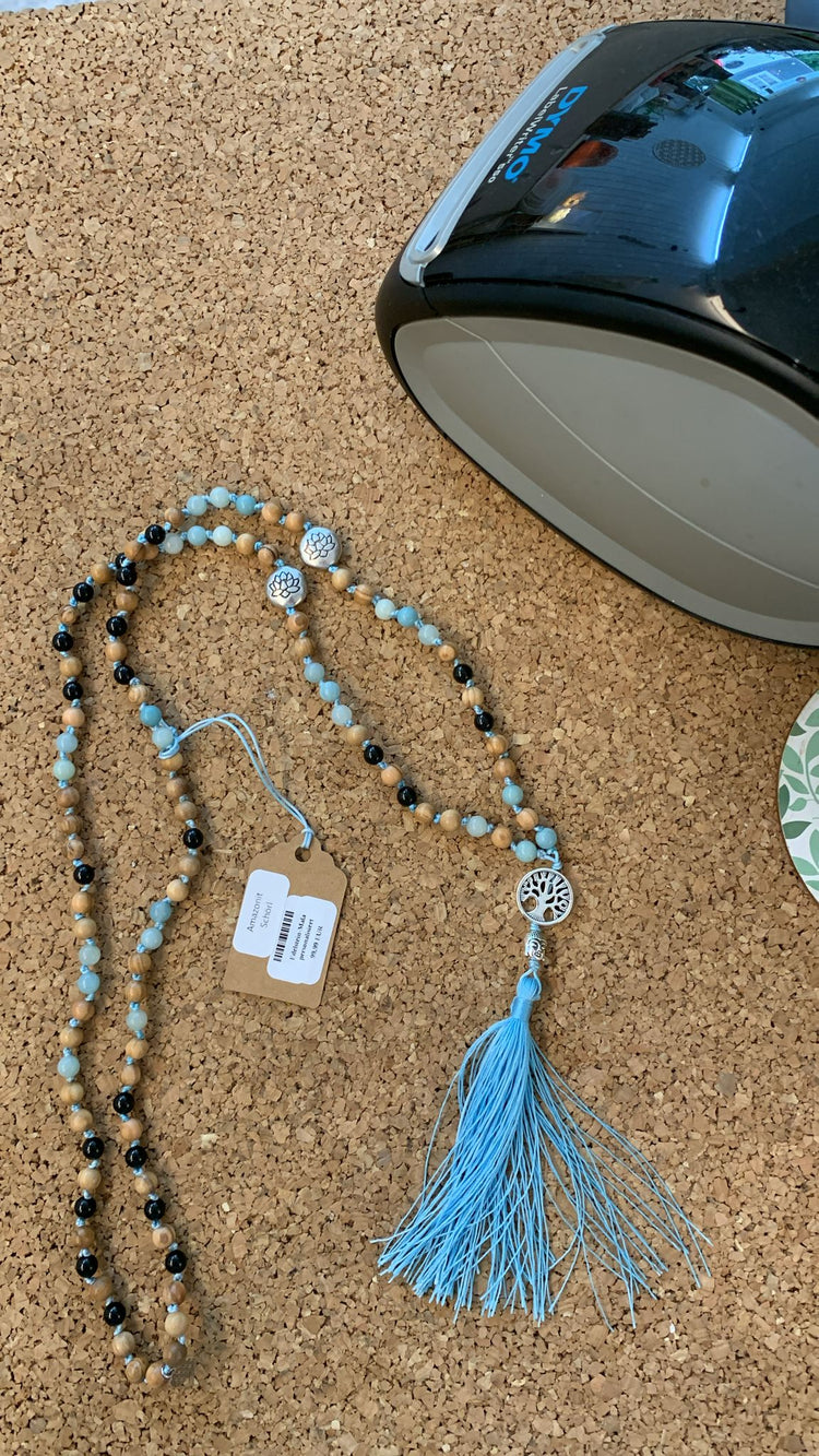 108-bead mala made of amazonite, schorl, and olive wood – handmade prayer beads for protection, serenity, and grounding