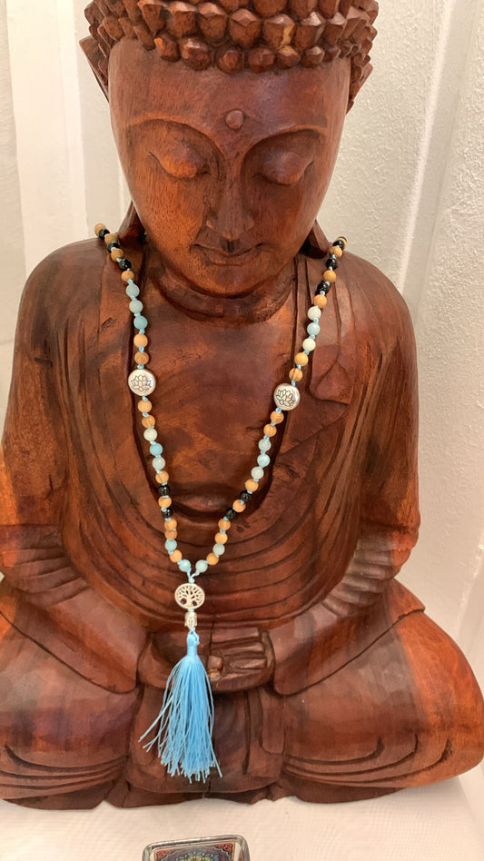 108-bead mala made of amazonite, schorl, and olive wood – handmade prayer beads for protection, serenity, and grounding