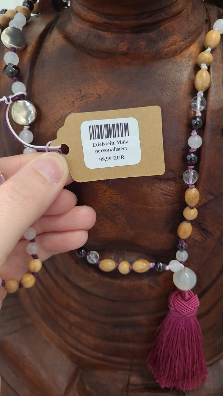 108 pearls Mala from Bergkristall, Jade, Granat and olive wood-handmade prayer chain for heart energy, clarity and vitality