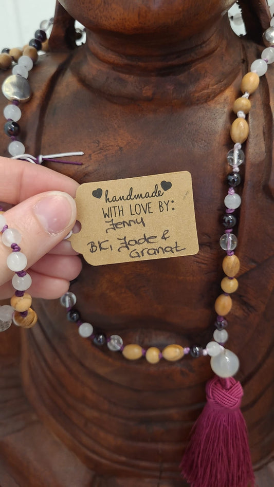 108 pearls Mala from Bergkristall, Jade, Granat and olive wood-handmade prayer chain for heart energy, clarity and vitality