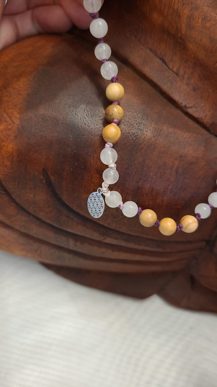 108 pearls Mala from Bergkristall, Jade, Granat and olive wood-handmade prayer chain for heart energy, clarity and vitality