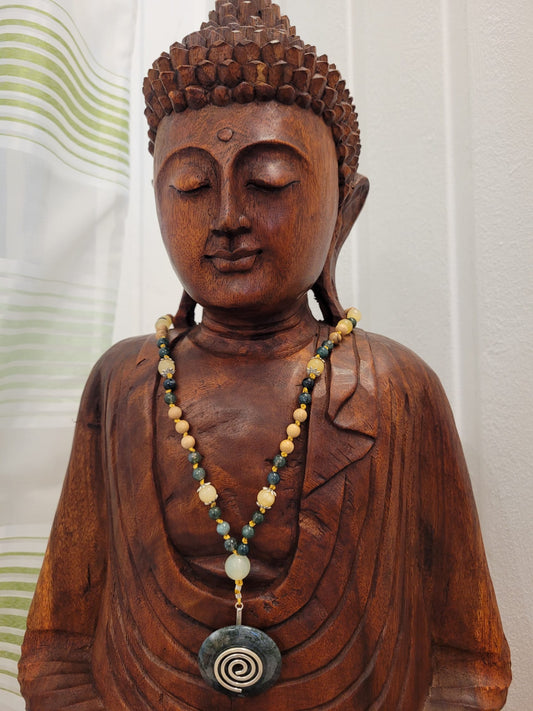 108 pearls Mala made of mossach, jade and olive wood-handmade chain for prayer for growth, grounding and life flow