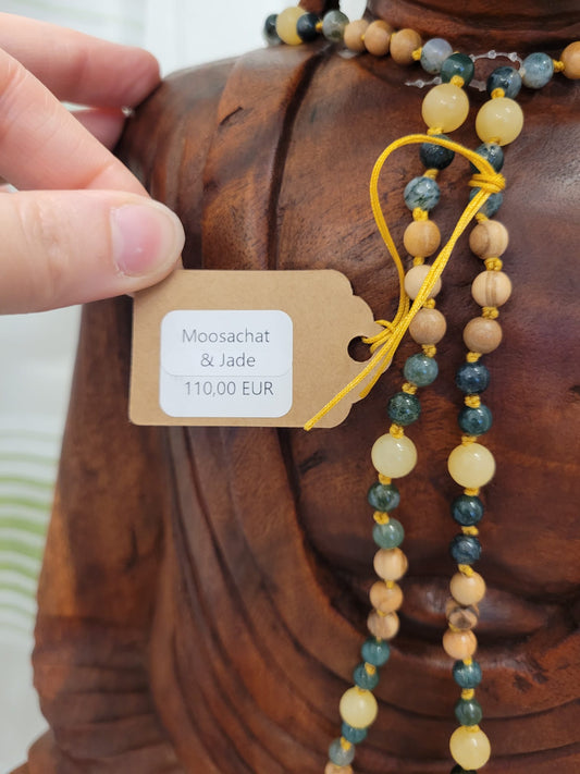 108 pearls Mala made of mossach, jade and olive wood-handmade chain for prayer for growth, grounding and life flow