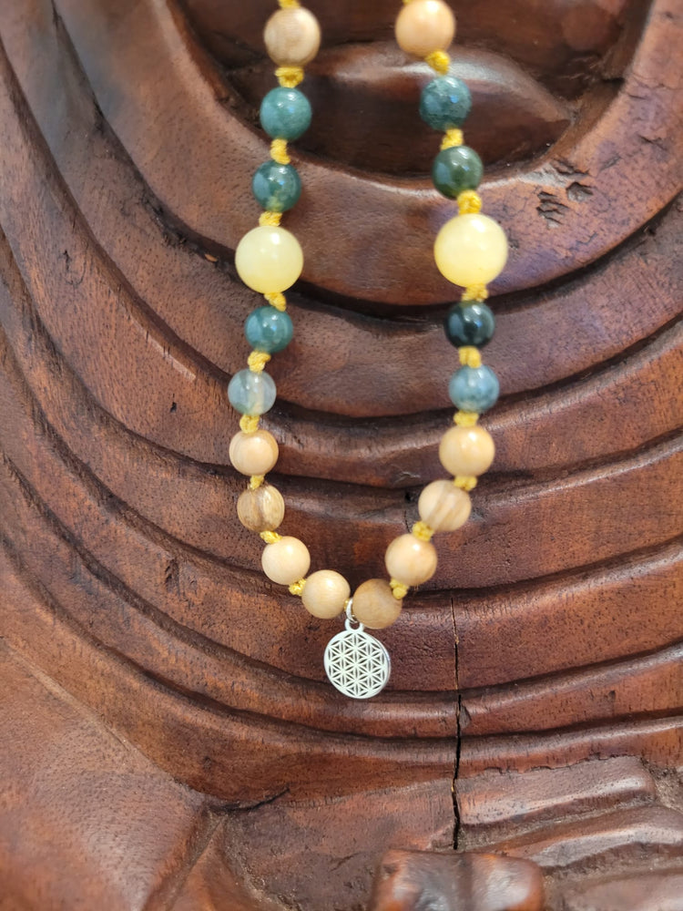 108 pearls Mala made of mossach, jade and olive wood-handmade chain for prayer for growth, grounding and life flow