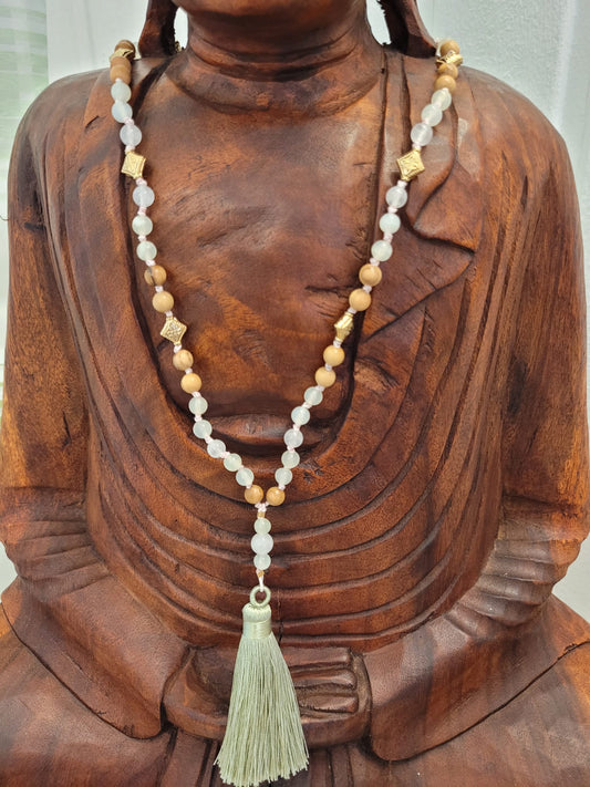 108 pearls Mala from China Jade (serpentine), rose quartz and olive wood-handmade prayer chain for the heart opening, mild and inner balance