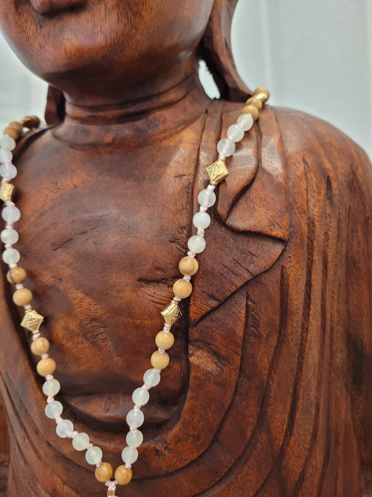 108 pearls Mala from China Jade (serpentine), rose quartz and olive wood-handmade prayer chain for the heart opening, mild and inner balance