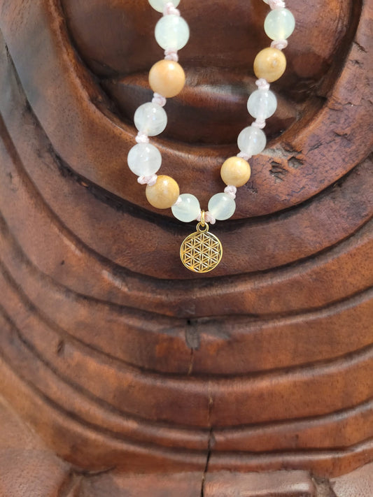 108 pearls Mala from China Jade (serpentine), rose quartz and olive wood-handmade prayer chain for the heart opening, mild and inner balance