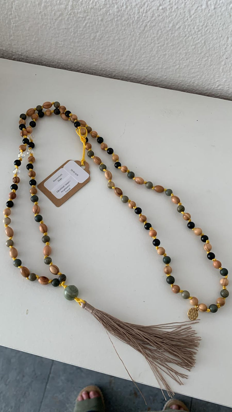 108-pearls Mala from Schörl, Silberblattjaspis, Angel Aura and Olive Wood-Handmade prayer chain as a spiritual travel companion