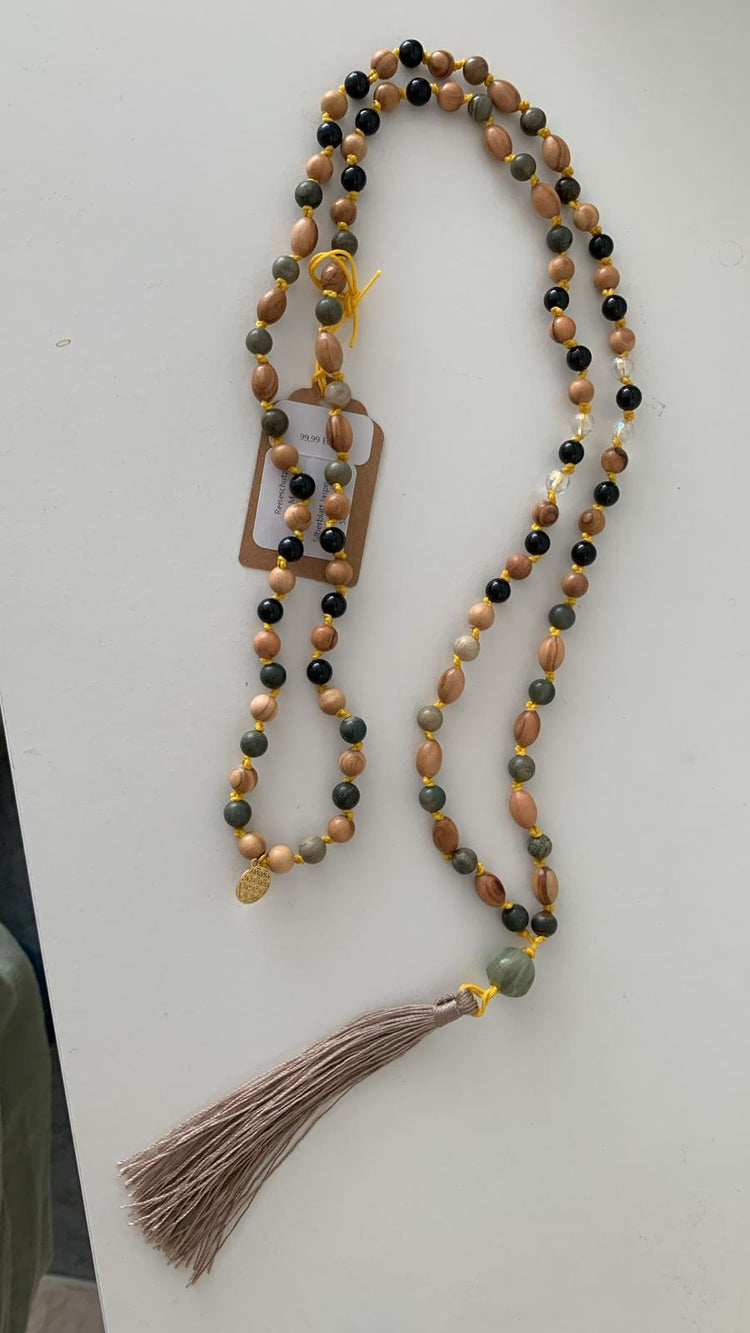 108-pearls Mala from Schörl, Silberblattjaspis, Angel Aura and Olive Wood-Handmade prayer chain as a spiritual travel companion