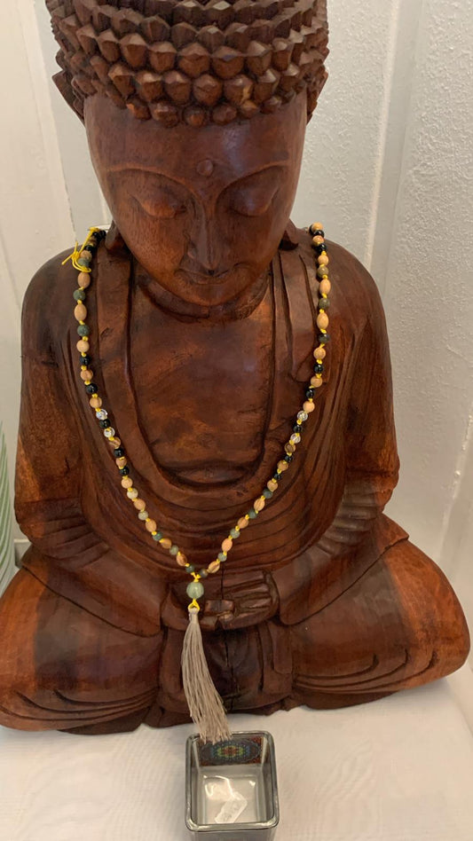 108-pearls Mala from Schörl, Silberblattjaspis, Angel Aura and Olive Wood-Handmade prayer chain as a spiritual travel companion