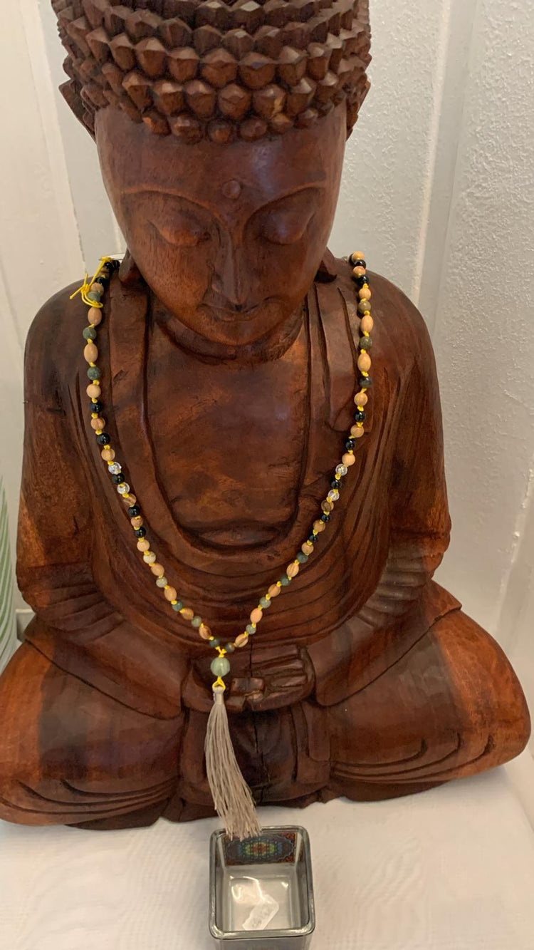 108-pearls Mala from Schörl, Silberblattjaspis, Angel Aura and Olive Wood-Handmade prayer chain as a spiritual travel companion