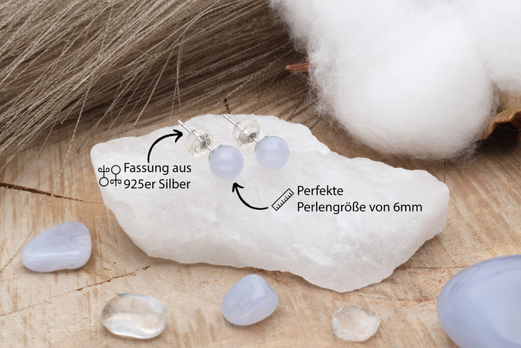 Blue chalcedony stud earrings, 6 mm, 925 silver