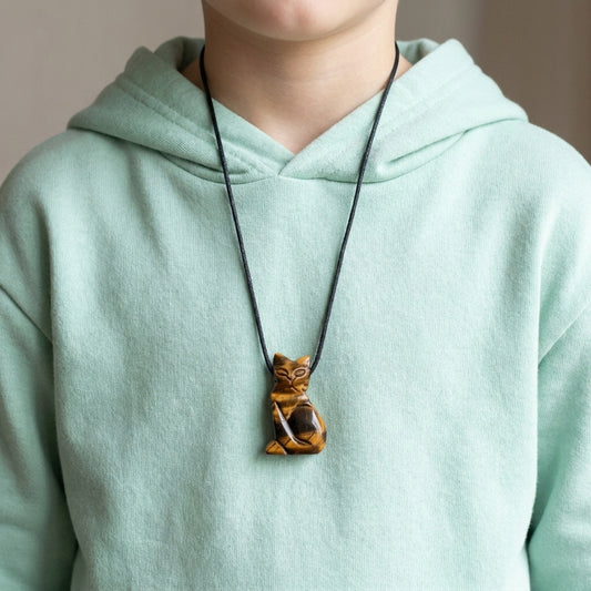 Tigerauge Katzenanhänger — Lifestyle-Tragebild