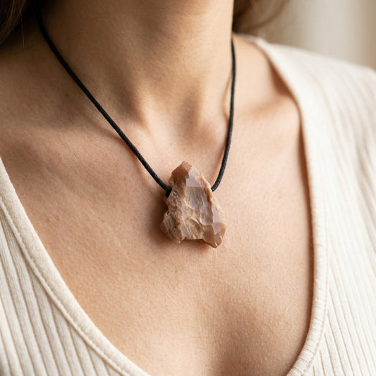 Mondstein Rohsteinanhänger um den Hals getragen – Tragebild