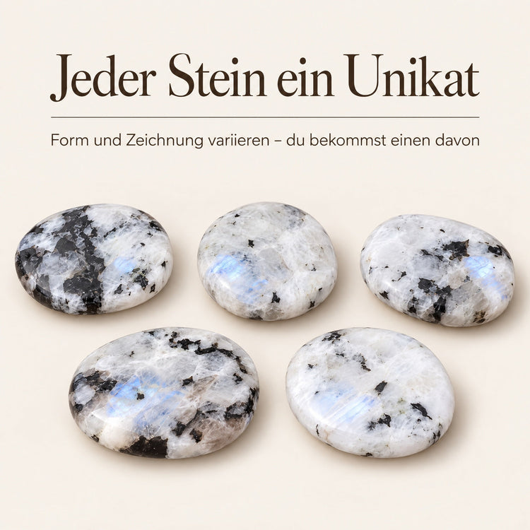 Regenbogen-Mondstein Scheibenstein | Handschmeichler Taschenstein – jeder Stein ein Unikat