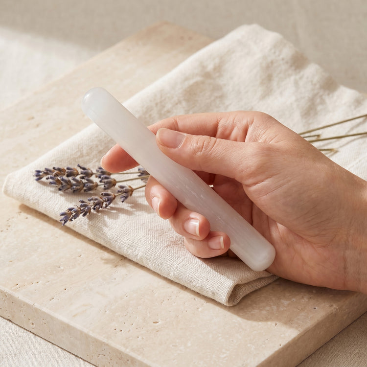 Selenit Massagestab — Tragebild