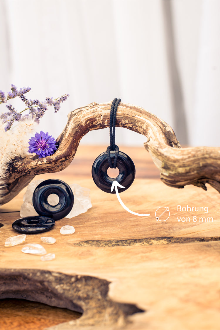 Tourmaline, black (Schörl) Donut | 30 mm pendant + cotton cord