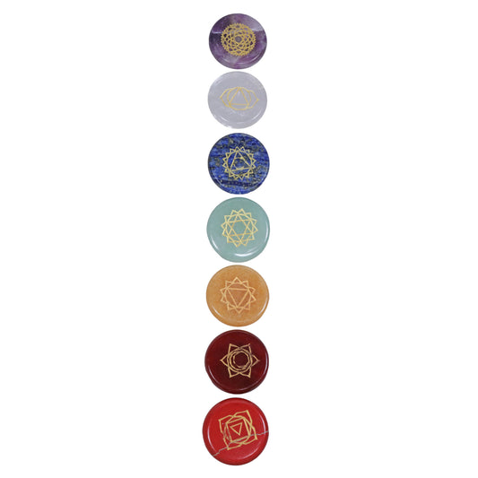 Chakra Stone Set with Symbols | 7 Disc Stones in a Cotton Bag