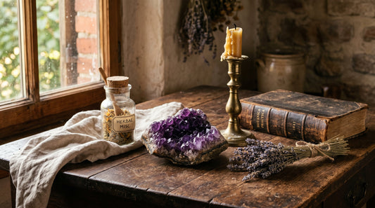 Amethyst Wirkung - violette Druse mit Lavendel in Landhauskueche