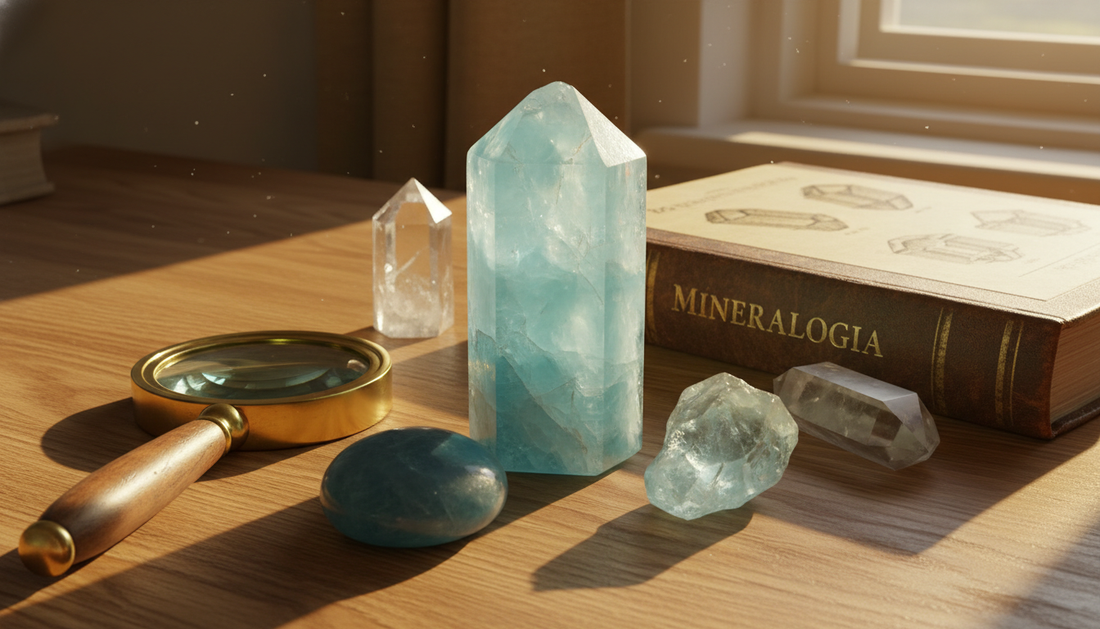 Transparenter hellblauer Aquamarin-Kristall und polierter Aquamarin auf warmem Holztisch mit Lupe und Buch