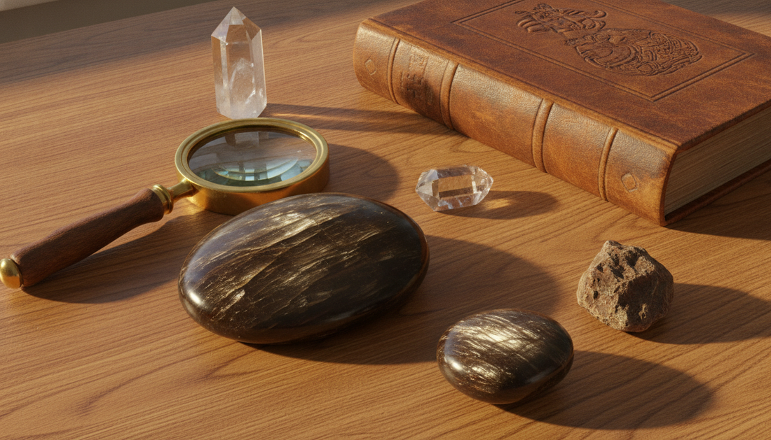 Brauner Bronzit mit bronzefarbenem Schimmer auf Holztisch, daneben Lupe und Mineralogie-Buch